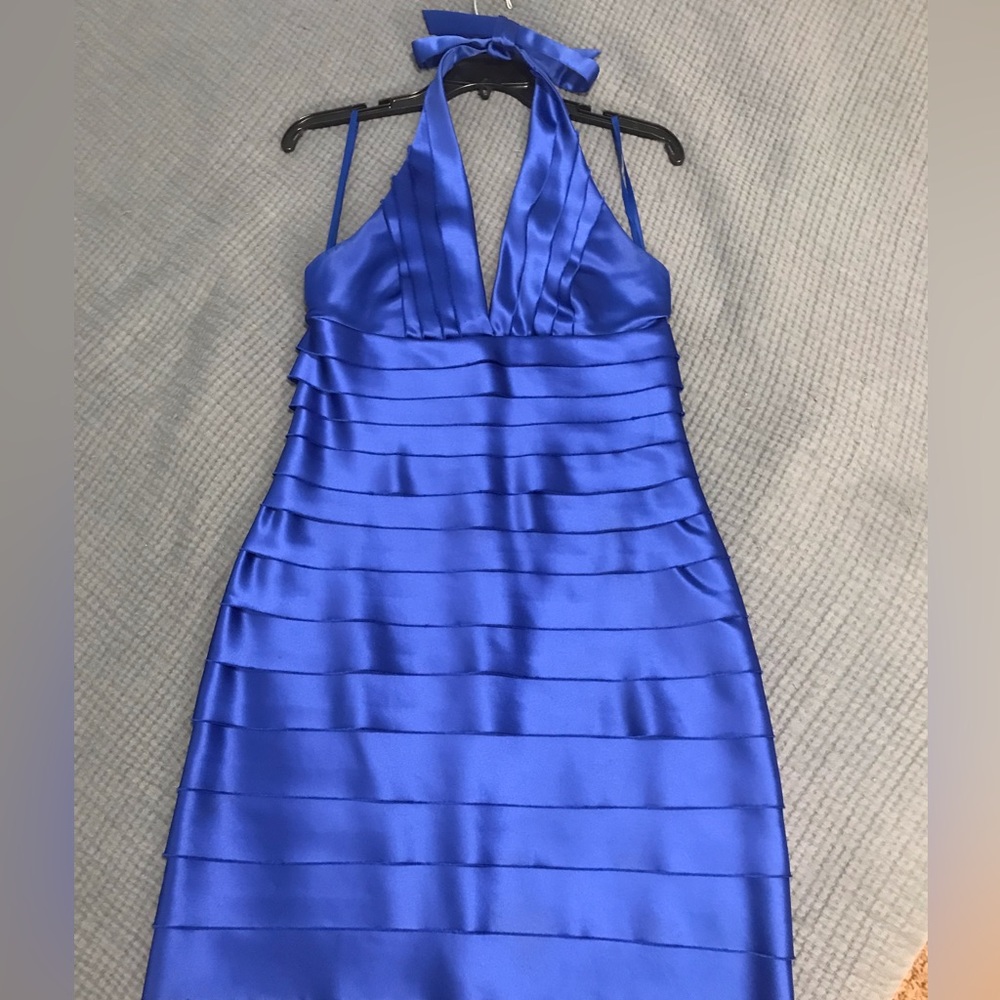 Sapphire Blue BCBGMAXAZRIA halter top, empire waist, satin, cocktail dress 10